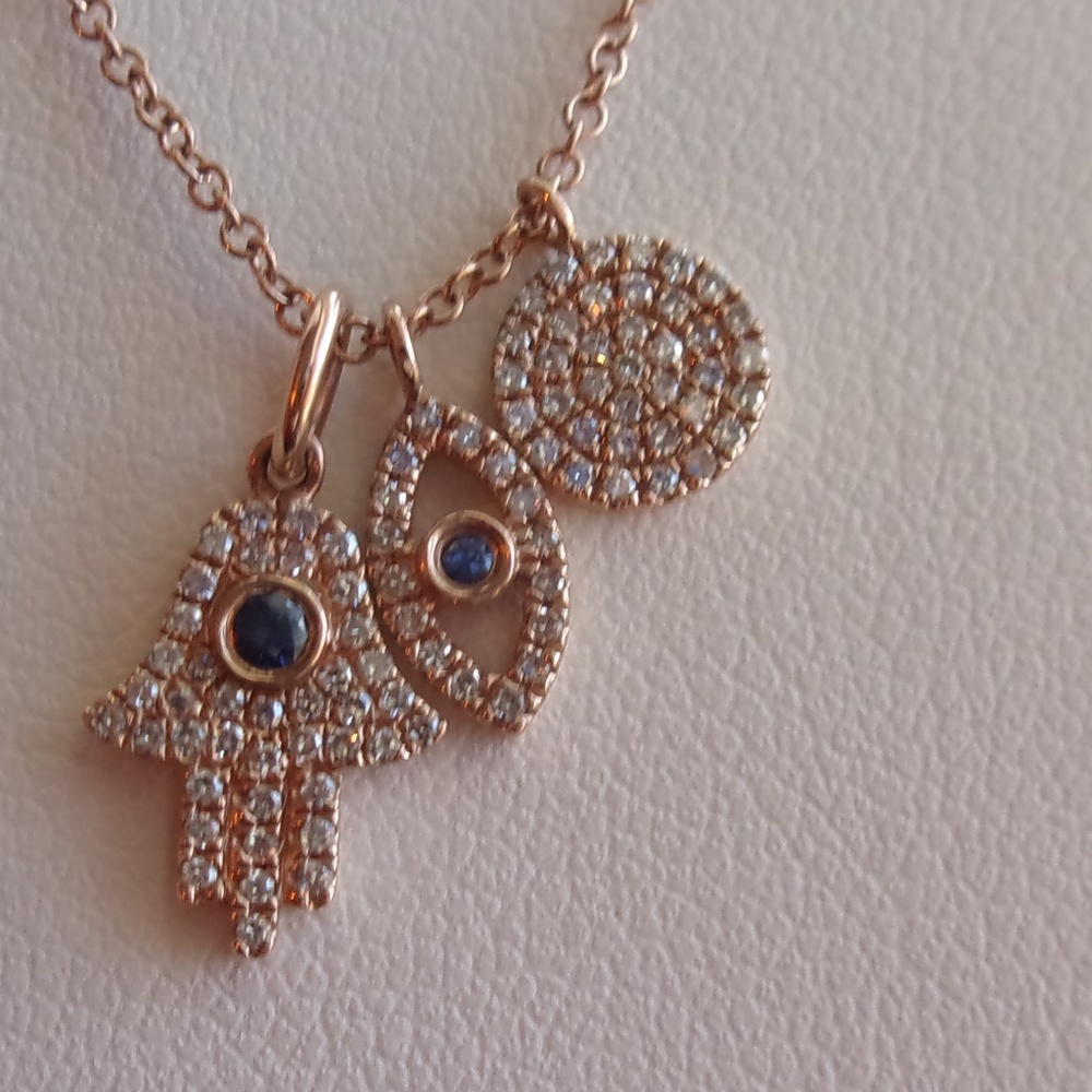 14 K Rose Gold Diamond Evil Eye Hamsa & Circle Three Charm W/ Sapphire Necklace
